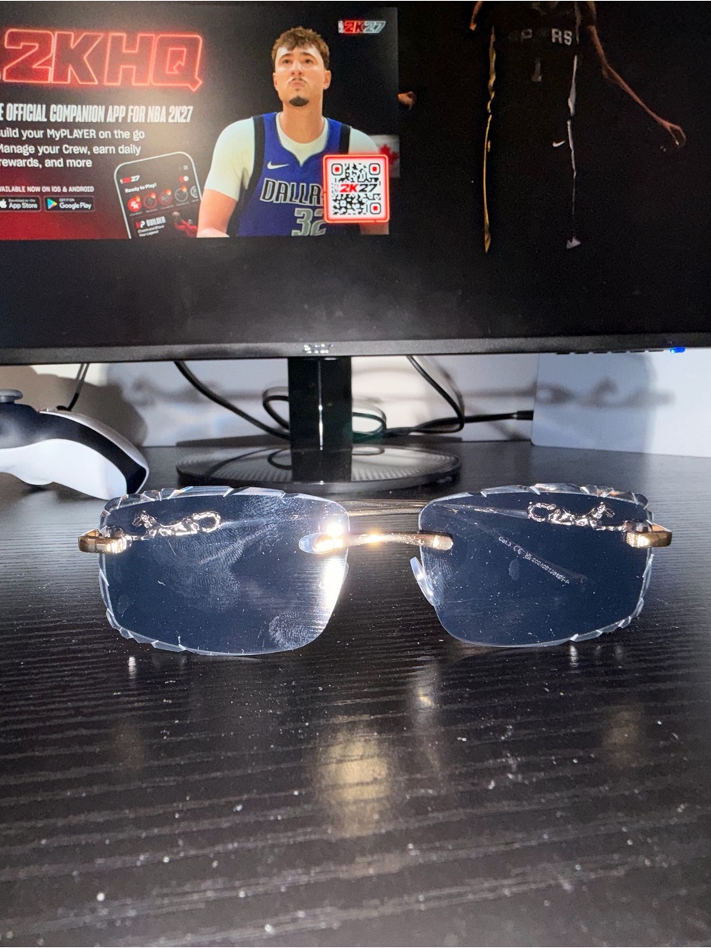 Gold Rimless Men's Sunglasses with Dark Blue Lenses